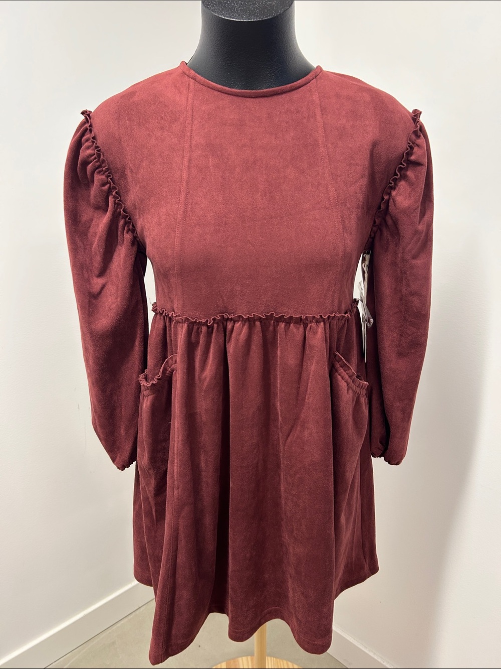NWT Chelsea & Violet Girls Faux Suede Long Sleeve Dress Maroon Ruffle Pocket